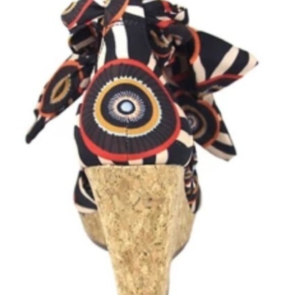 Wrap Around Lace Up Aztec Print Black Colorful Cork Wedges Sandals 6.5 - Picture 2 of 2